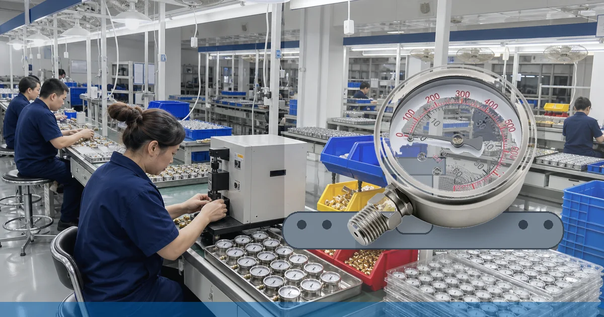 Bottom-mounted stainless pressure gauge on process tubing for wetted material comparison