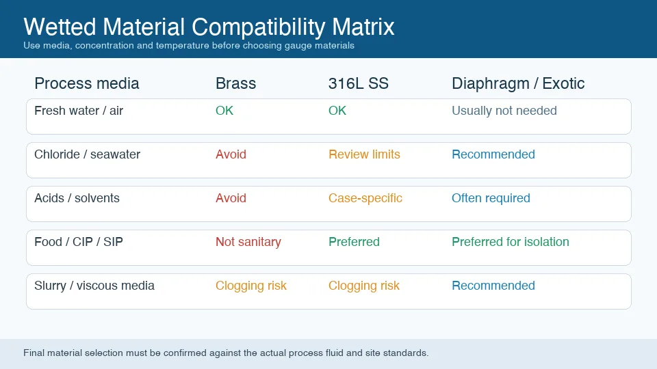 Wetted material compatibility matrix comparing brass 316L stainless steel and diaphragm seal choices for pressure gauges