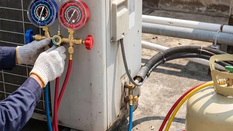 Paired red and blue refrigerant manifold gauges connected to service ports on an outdoor HVAC unit