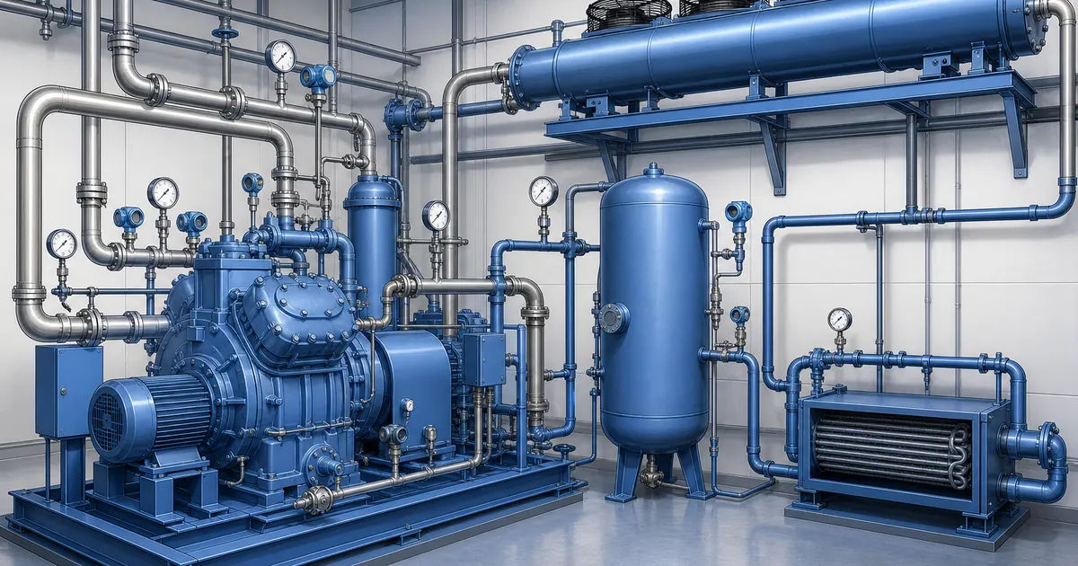 Ammonia refrigeration pressure monitoring schematic for compressor, receiver and evaporator piping