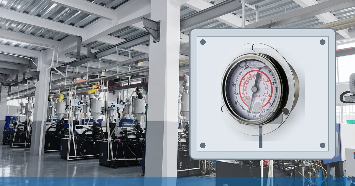Rear-mounted refrigerant pressure gauge on a refrigeration service panel for ammonia monitoring