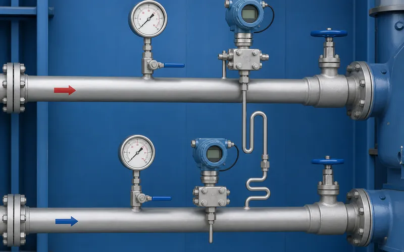 Industrial refrigeration pressure gauge and pressure transmitter mounted on ammonia piping with isolation valves