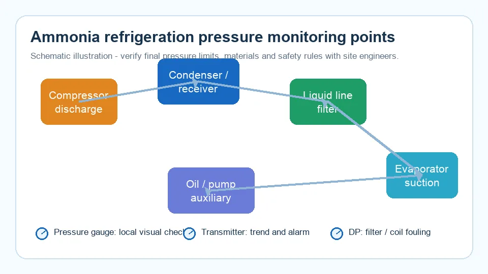 Ammonia refrigeration pressure monitoring points diagram for compressor discharge, suction, liquid line and filter DP