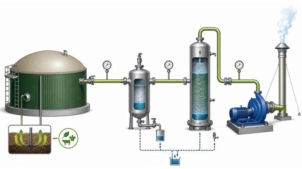 Biogas cleanup train with condensate separation, H2S treatment, blower and pressure monitoring points