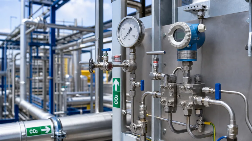 CO2 pipeline pressure gauge and transmitter station with isolation valves and impulse lines