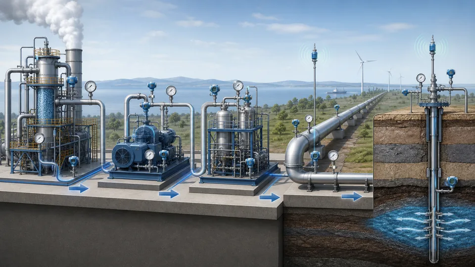CCUS CO2 transport monitoring flow with capture, compression, dehydration, pipeline and storage instruments