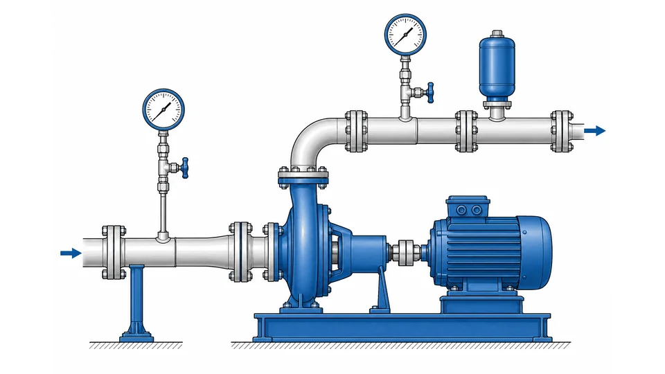 Centrifugal pump pressure gauge placement schematic showing suction and discharge gauge points