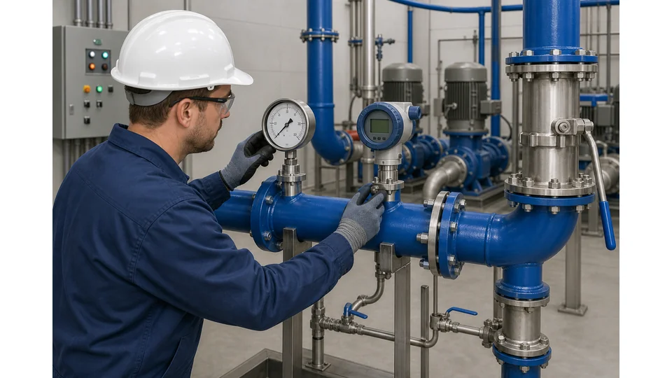 Technician comparing analog pressure gauge and transmitter on a centrifugal pump discharge line