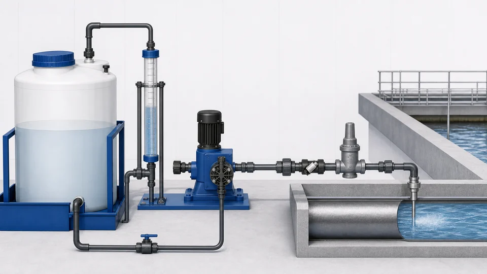 Water treatment chemical dosing system with tank, calibration column, pump and injection line