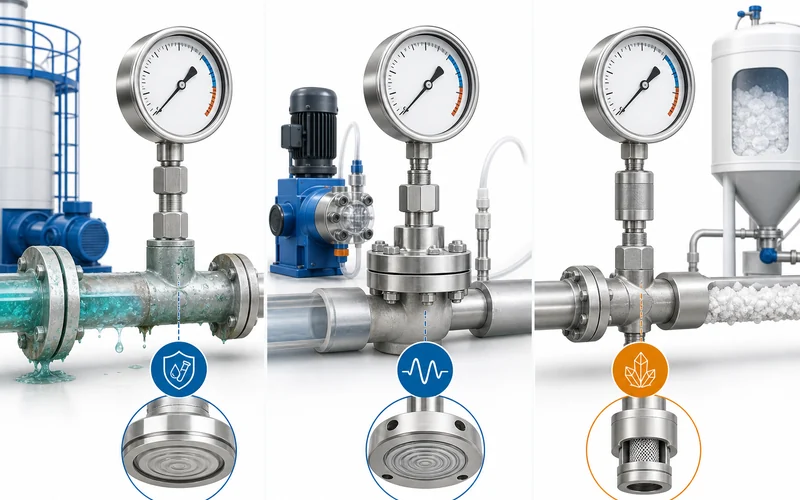 Chemical dosing pressure gauge selection for corrosion, pulsation and crystallizing media
