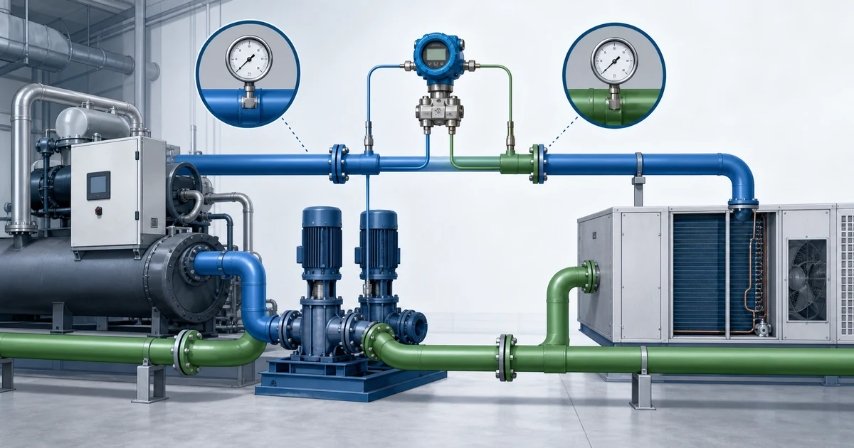Chilled water DP monitoring with pressure gauges and differential pressure transmitter in an HVAC plant