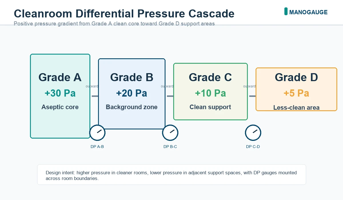 Cleanroom differential pressure cascade design showing pressure gradient from clean core to less-clean zones per EU GMP Annex 1