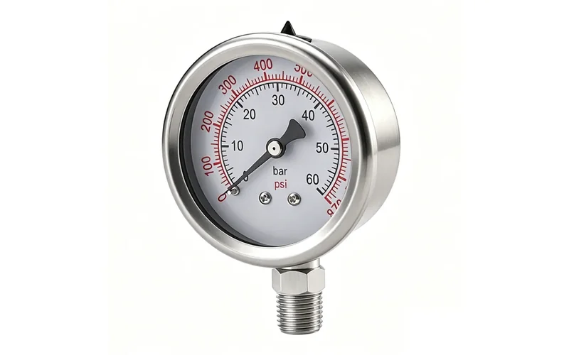 Processed stainless steel pressure gauge image for compressed air system pressure monitoring