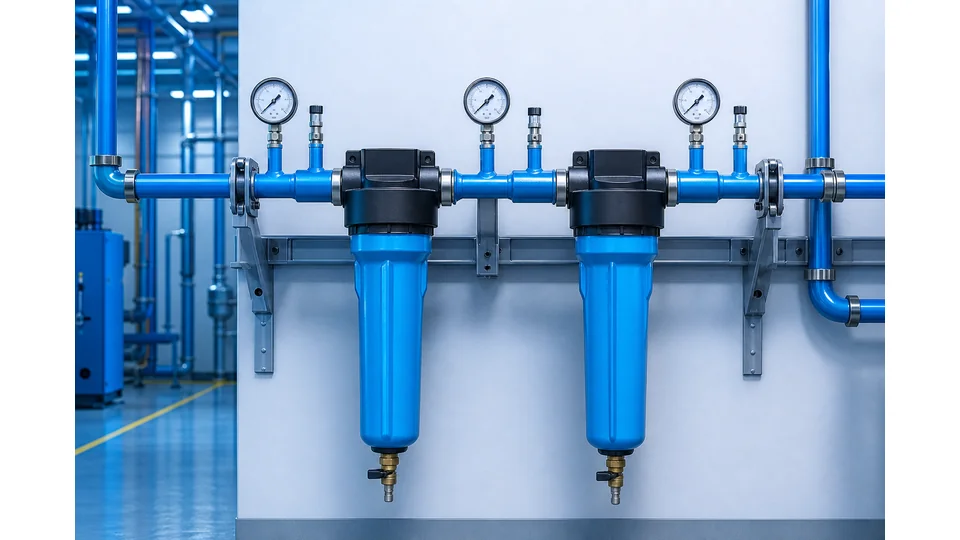 Filter differential pressure monitoring with upstream and downstream gauges in a compressed air line