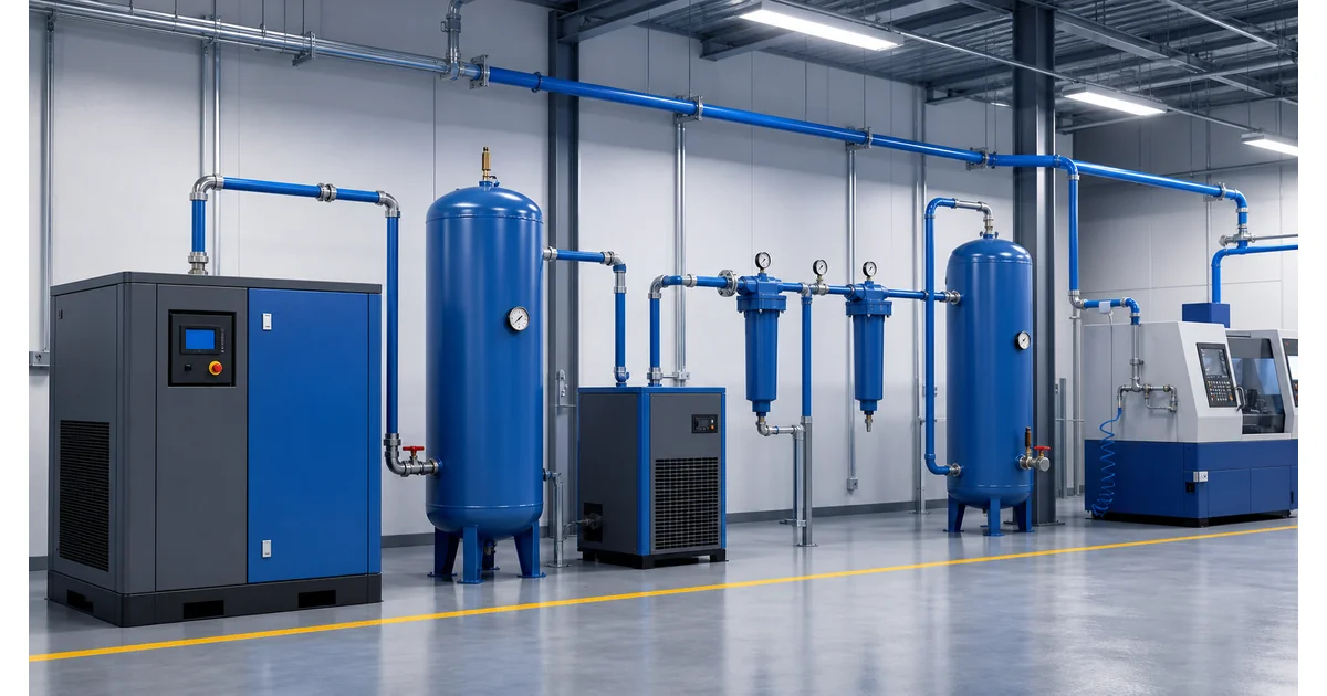 Compressed air pressure monitoring schematic with compressor receivers dryer filters and end-use machine