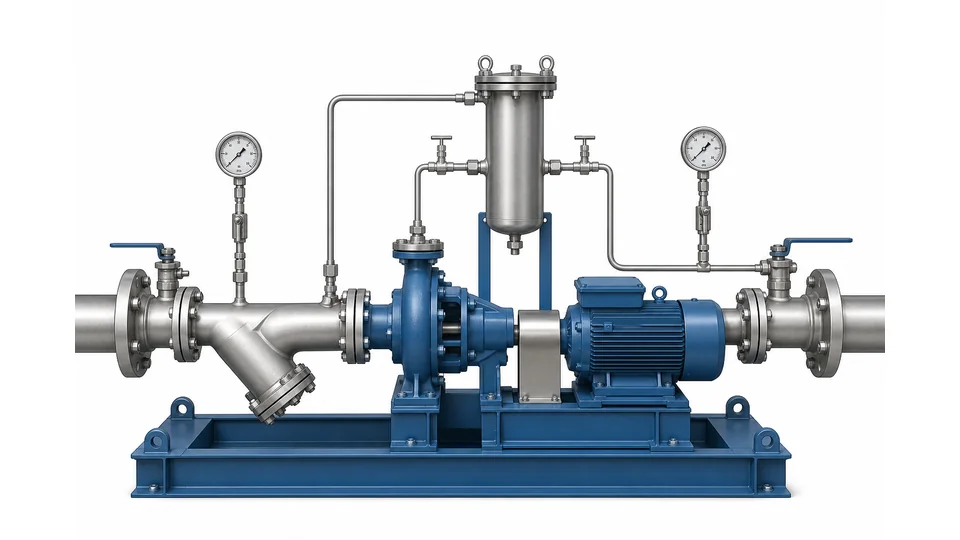 Cooling tower condenser water pump skid with pressure gauges and strainer monitoring points