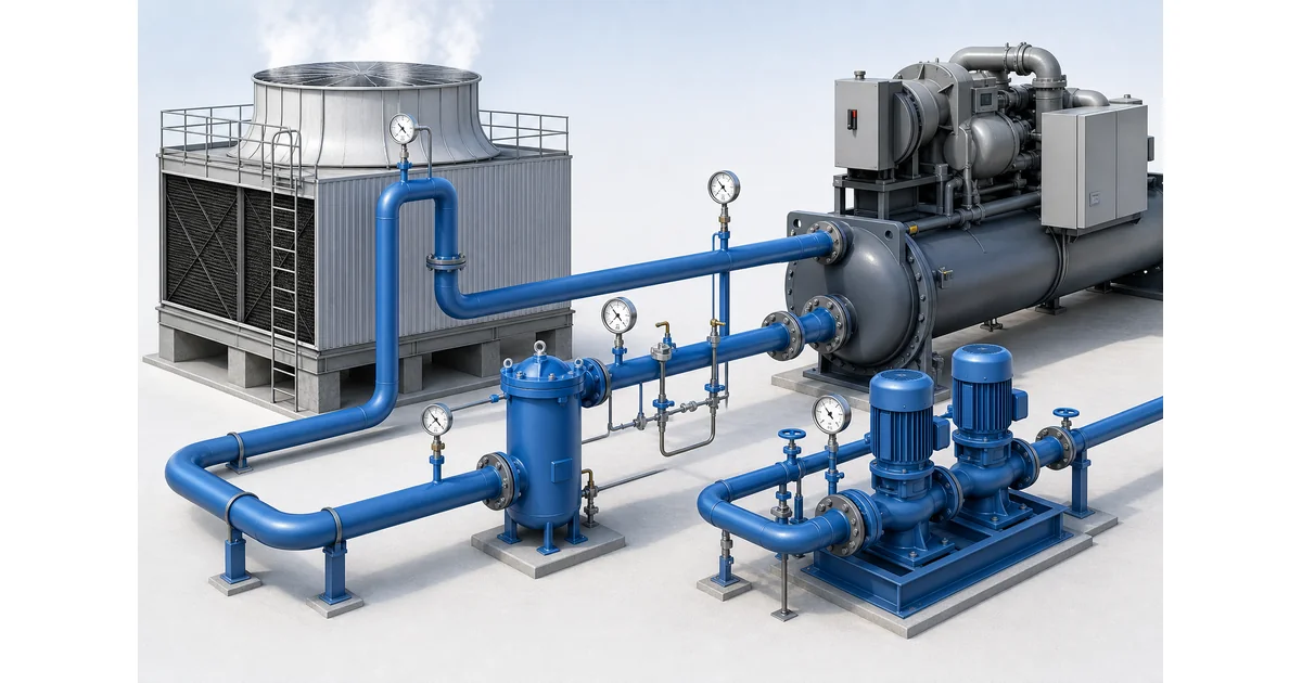 Cooling tower with circulating water pumps and filtration pipework