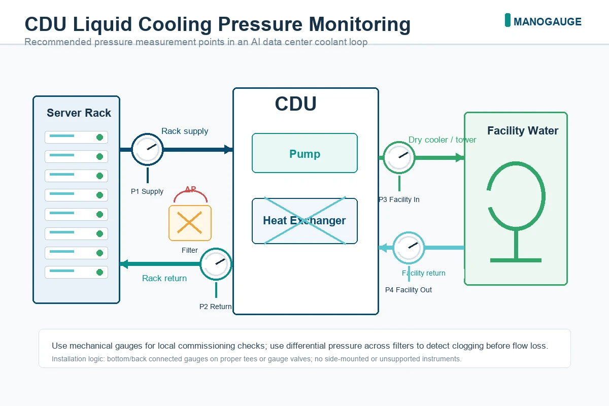 Schematic of CDU coolant loop showing pressure gauge installation points for AI data center liquid cooling