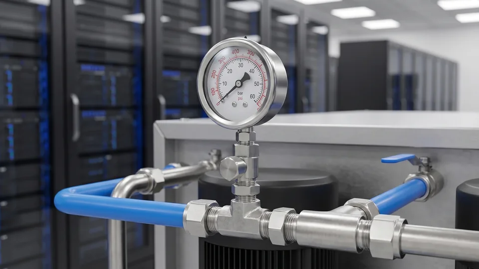 Analog stainless steel pressure gauge correctly installed on a CDU coolant manifold pipe