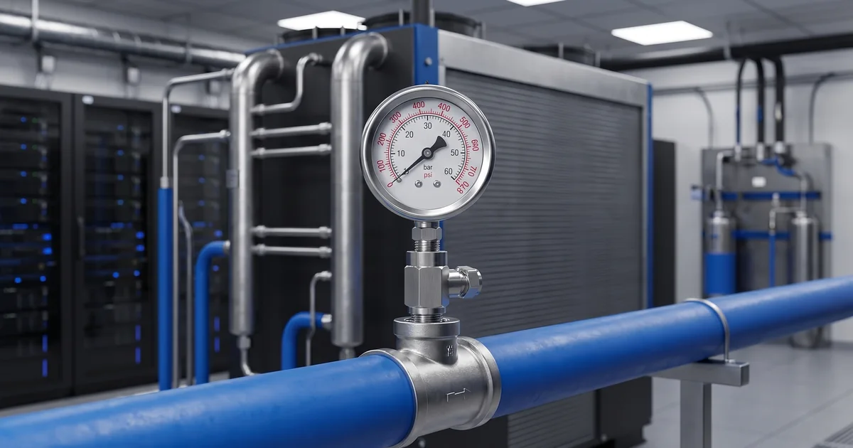 AI data center liquid cooling pressure monitoring gauge installed on CDU coolant piping