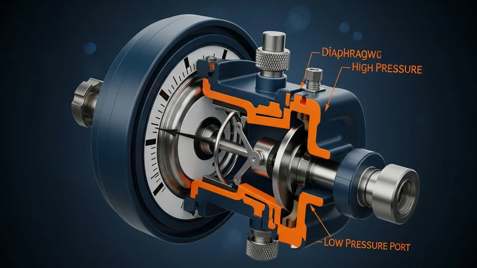 Internal view of a diaphragm differential pressure gauge