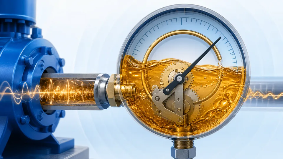 Cross-section diagram showing glycerin-fill vibration damping in a liquid-filled pressure gauge