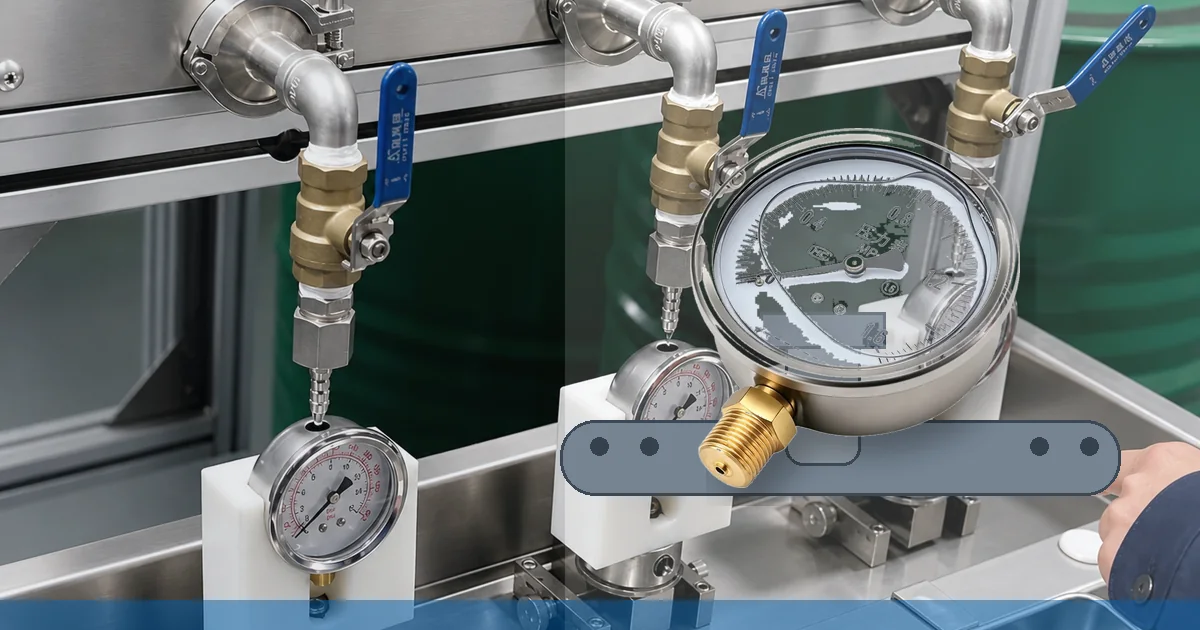 Bottom-mounted liquid-filled pressure gauge installed on pipework for vibration comparison