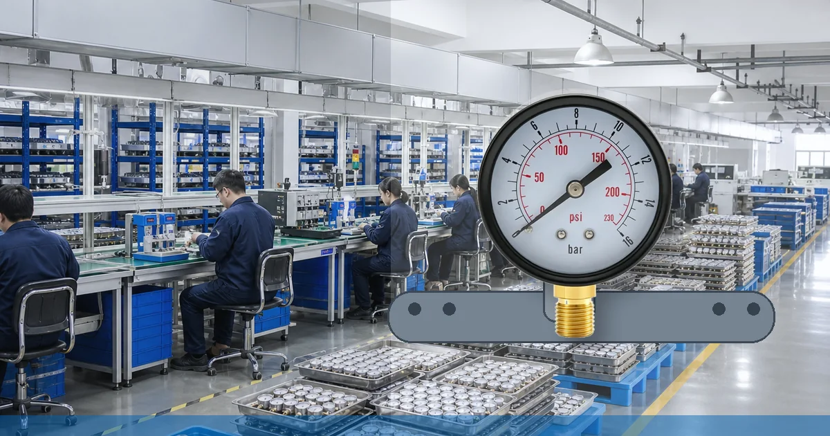 Bottom-mounted mechanical pressure gauge installed on a sprinkler test pipe with workshop background