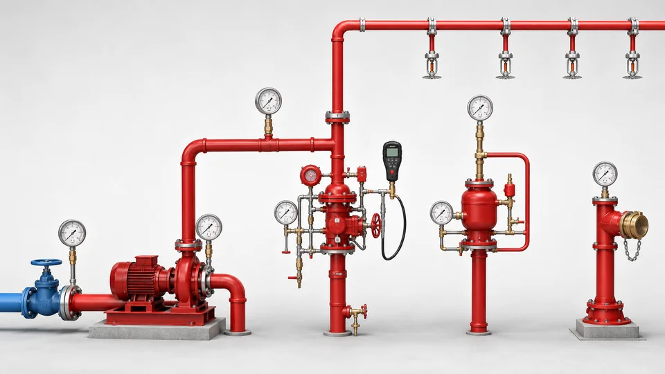 Fire sprinkler pressure monitoring points around pump suction discharge wet pipe and dry pipe gauges