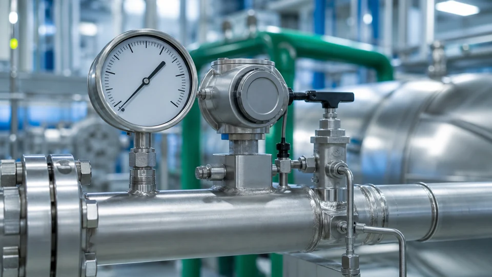 Hydrogen pressure gauge and pressure transmitter mounted on stainless process piping with isolation valve