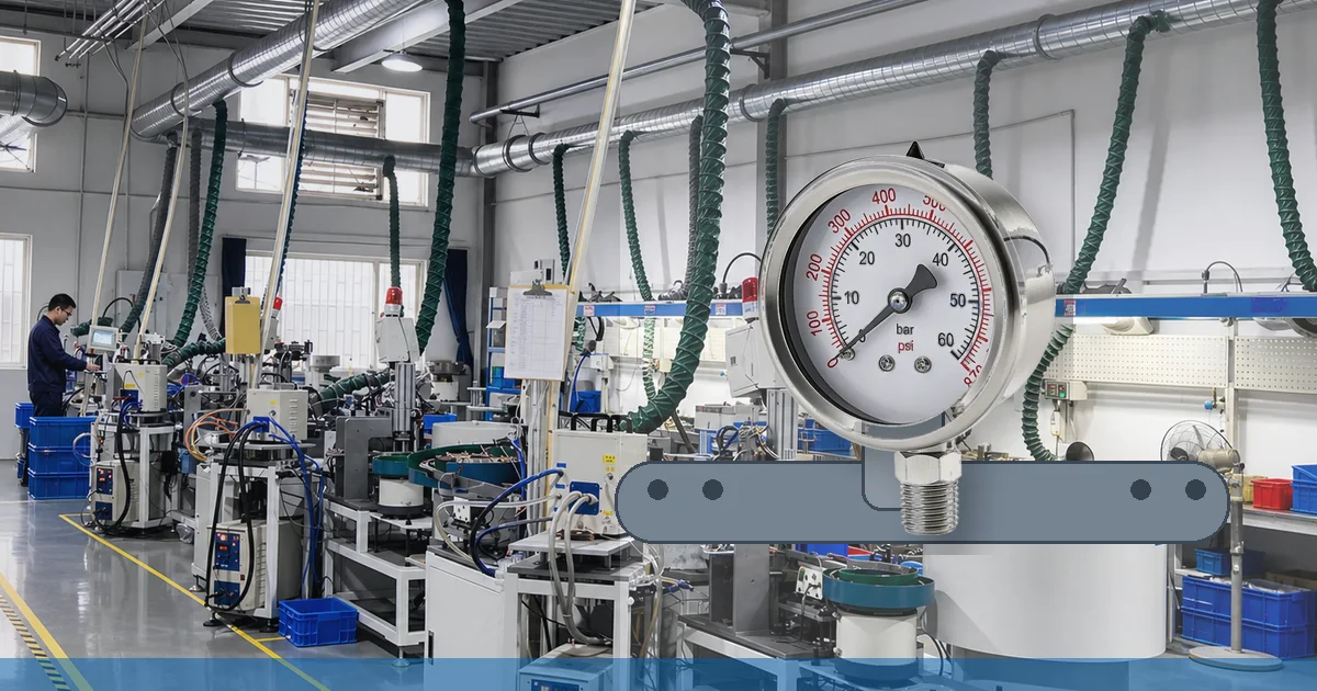 Bottom-mounted stainless pressure gauge installed on a clean skid manifold for hydrogen monitoring