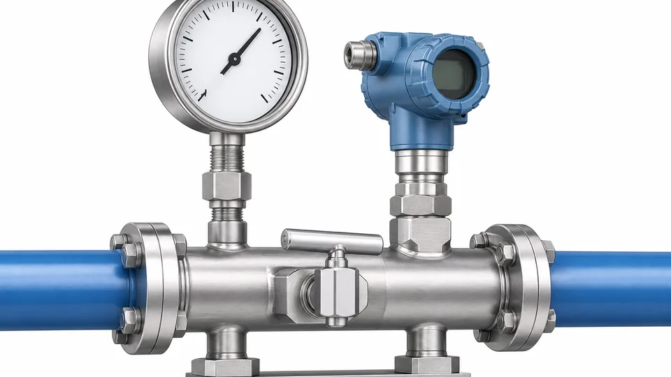 Pressure gauge and pressure transmitter mounted on stainless steel manifold for heat pump hydronic loop