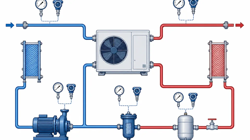Industrial heat pump loop schematic showing pressure gauges transmitters filters pump and heat exchangers