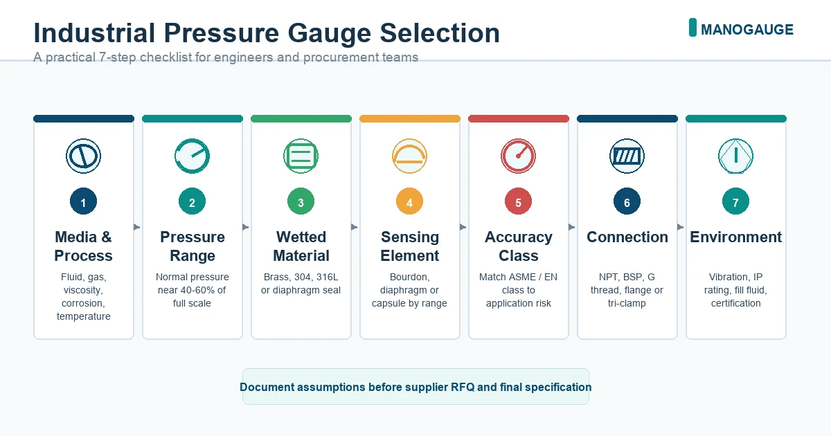 7-step industrial pressure gauge selection checklist infographic for engineers and procurement