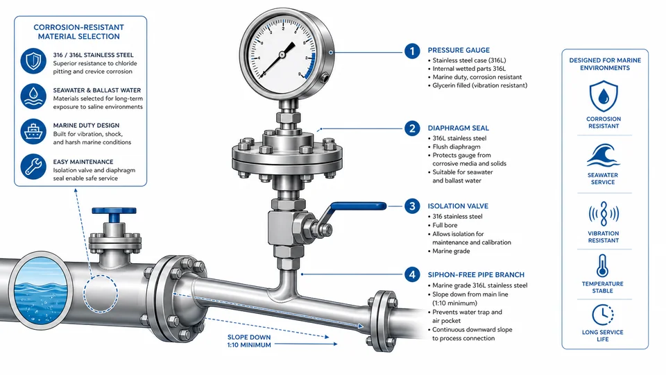 Corrosion resistant pressure gauge material selection for seawater and ballast water service