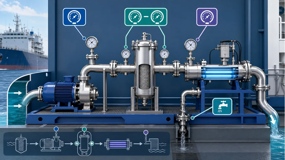 Ballast water treatment pressure monitoring points across pump discharge, filter differential pressure and UV reactor inlet