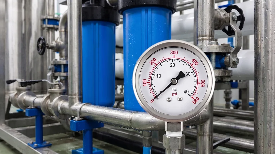 Pressure gauge installed near cartridge filters in an industrial wastewater reuse system