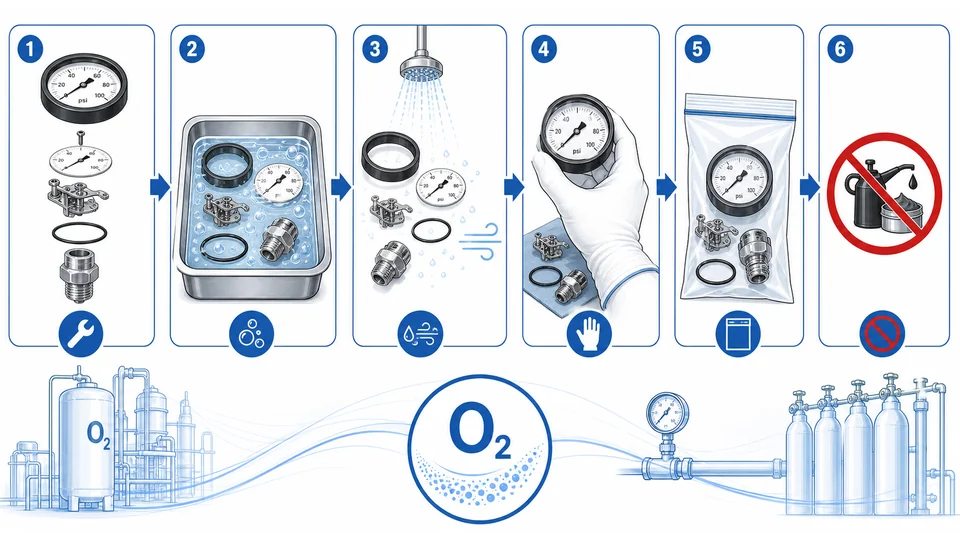 Oxygen service cleaning workflow for pressure gauge components before sealed packaging