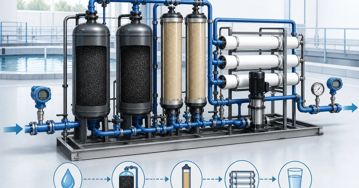 PFAS water treatment pressure monitoring schematic with GAC, ion exchange, RO and pressure instruments
