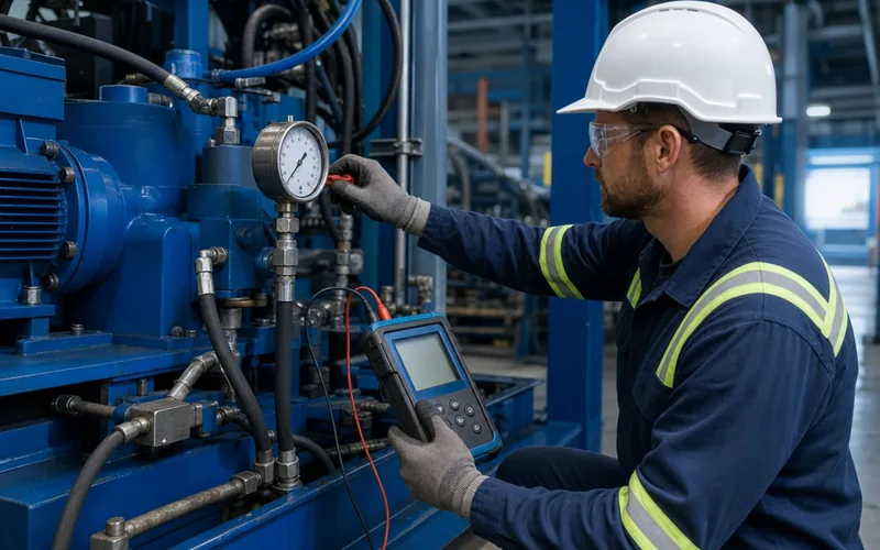 Field technician verifying a pressure gauge with portable calibrator on hydraulic equipment