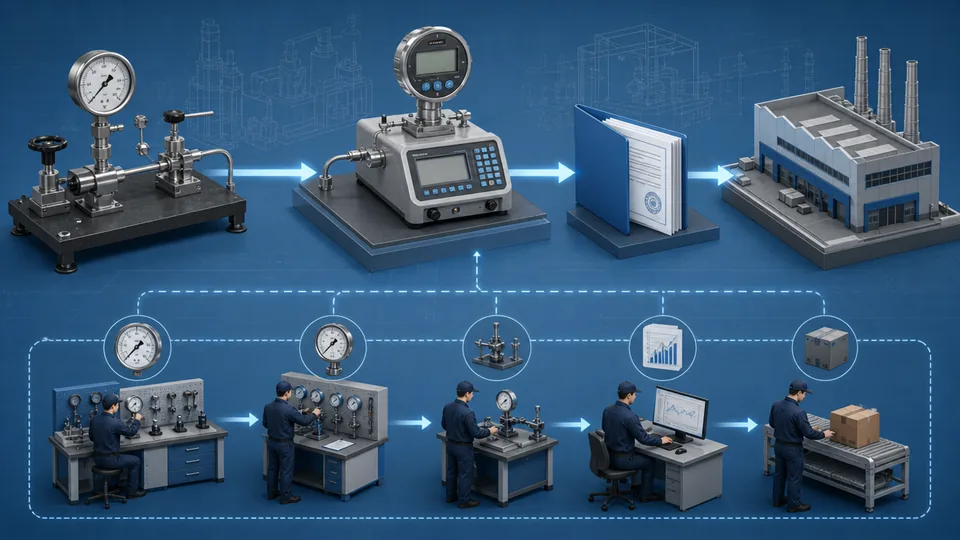 Pressure gauge calibration traceability chain from reference standard to certificate and factory quality control