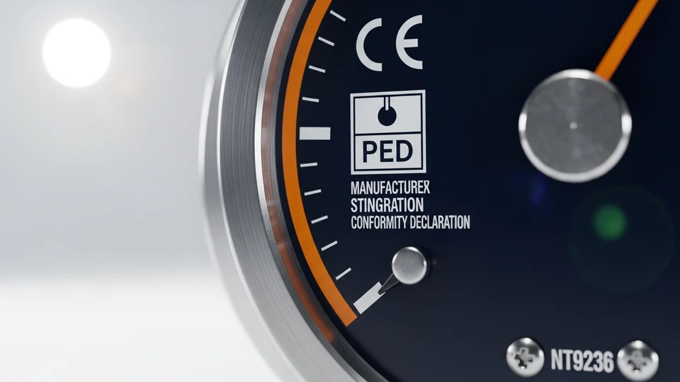 Close-up of a pressure gauge with a CE mark and PED category label