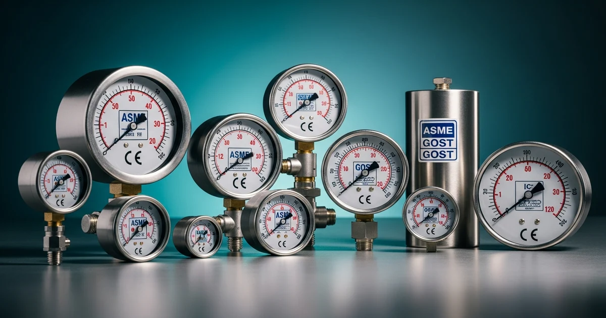 Industrial pressure gauges with various certification labels and flags of different countries