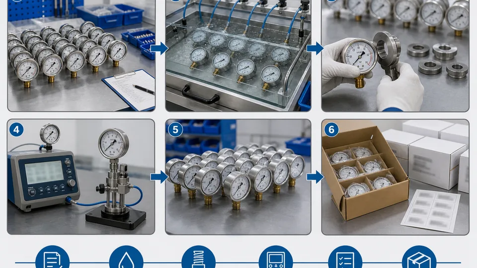 Pressure gauge factory acceptance test workflow for visual inspection leak check thread verification calibration and packing