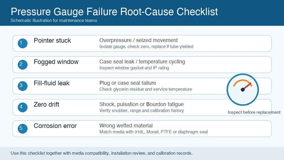 Pressure gauge failure root-cause checklist infographic covering stuck pointer fogging fill-fluid leakage zero drift and corrosion error