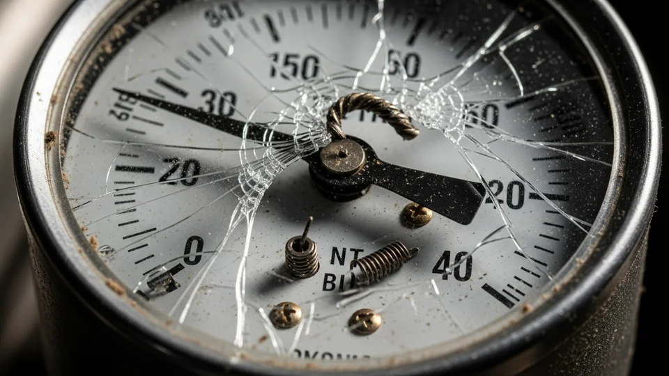 Close-up of a pressure gauge with a stuck pointer, showing internal mechanism