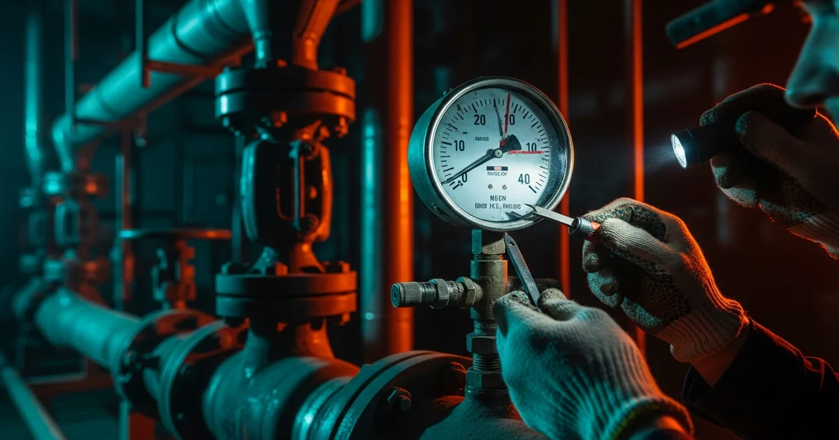 Industrial pressure gauge on a pipeline, illustrating pressure gauge failure troubleshooting