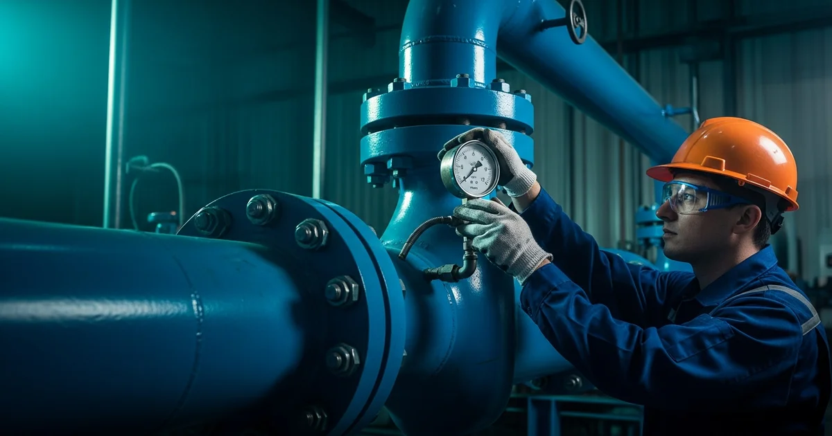 Industrial pressure gauge installation on a process pipeline with a siphon tube