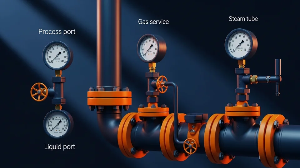 Bourdon tube pressure gauge mounted vertically on a pipe
