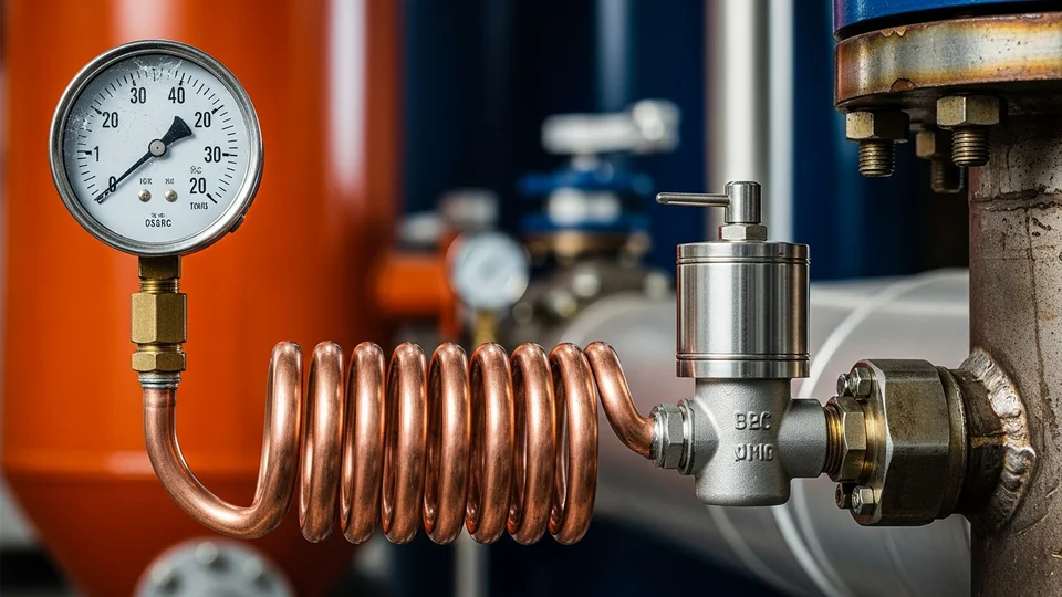 Stainless steel siphon tube connected to a pressure gauge
